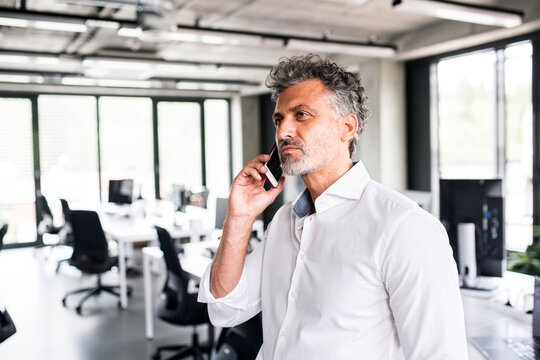 Mature businessman on cell phone in office