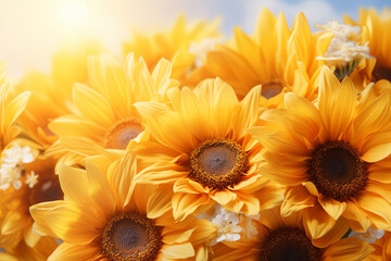 Fototapeta premium Background with bouquet of realistic sunflowers. Summer floral wallpaper