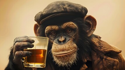 Cheeky Monkey Indulging in Whiskey on Plain Background in Studio Lighting