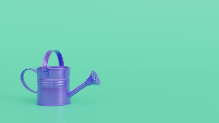 Obraz premium Lilac watering can on a turquoise background. Spring minimalist poster. Place for text. 3d rendering illustration