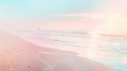 A serene summer beach at dawn, with a lone figure practicing yoga, the calm ocean reflecting the soft morning light, and seashells scattered across the sand. A peaceful and tranquil atmosphere with