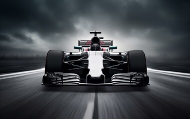 Formula one car on track, front view