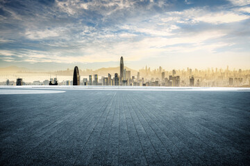 Empty pavement platform city skyline background in Shenzhen