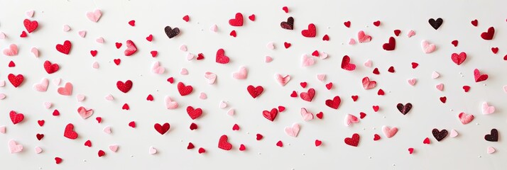 A clean white background with scattered tiny pink and red hearts in a minimalist pattern