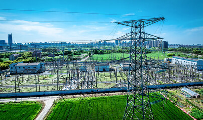 Substation power plant and natural landscape, green energy