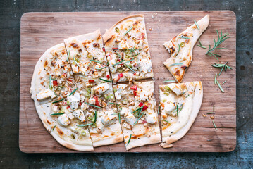 Tarte Flambee with apple, goat cheese, spring onions, rosmary and walnuts
