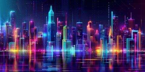 Fototapeta premium Futuristic Skylines Illuminated - 4K HD Wallpaper of Neon Lights and Halo in Night Cityscape，Night city halo and neon lights, city skyline, futuristic, technology, landscape, city architecture, cultur