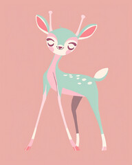 Stock Illustration of Cute Animals: Chick, Fawn, Foal, Calf, Piglet, Duckling in Soft Pastel Colors - Minimalist Symmetrical Full-Body Cartoon Drawings for Nursery Art and Kid-Friendly Decor