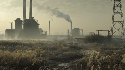 Amidst the desolation, a smoking factory bears witness to humanity’s environmental neglect