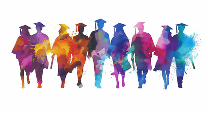 Silhouettes of students in graduation caps splash vibrant watercolors on a white background