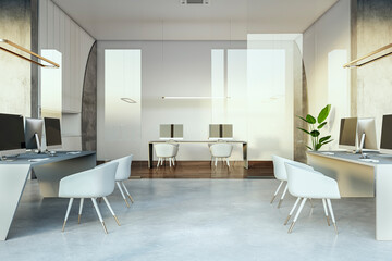 Modern white coworking office interior. 3D Rendering.