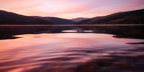 Fototapeta premium Mountain lake at sunset, close view of the water's surface, orange and pink sky reflection, calm mood. 