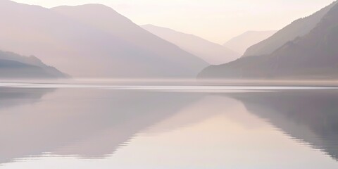 Reflective mountain lake at dawn, close-up on subtle water movements, pale light, peaceful atmosphere. 