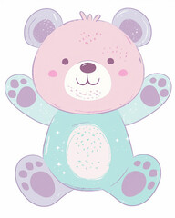 Obraz premium Minimalistic, Symmetrical Full-Body Bear Cub Drawing in Pastel Colors Light Pink, Baby Blue, Lavender, Mint Green with Humorous Style and Funny Smiling Face Ideal for Creative Stock Illustrations