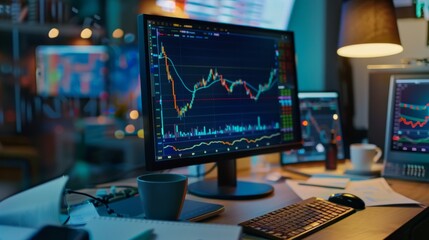 Fototapeta premium A computer monitor displays a graph of a stock market. A cup of coffee is on the desk next to the monitor