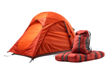 Sunset Serenity: A Bright Orange Tent and Cozy Sleeping Bag in Nature on a White or Clear Surface PNG Transparent Background..