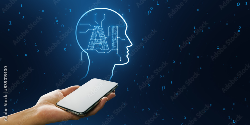 Aufkleber Close up of female hand holding cellphone with creative glowing AI head outline hologram on blue background with binary coding and mock up place. Artificial intelligence and technology concept.
