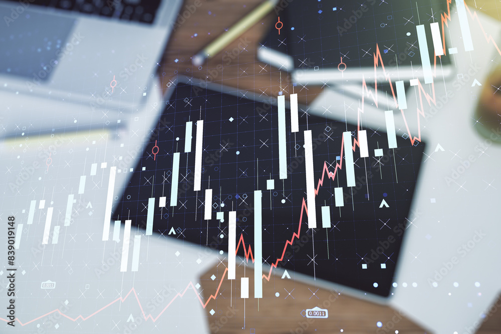 Aufkleber double exposure of abstract creative financial chart and digital tablet on background, top view, res