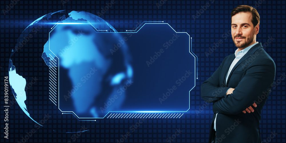 Poster attractive young european businessman with creative blue map folder with mock up place. digital comm