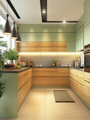 Green cabinet sink, modern home kitchen interior
