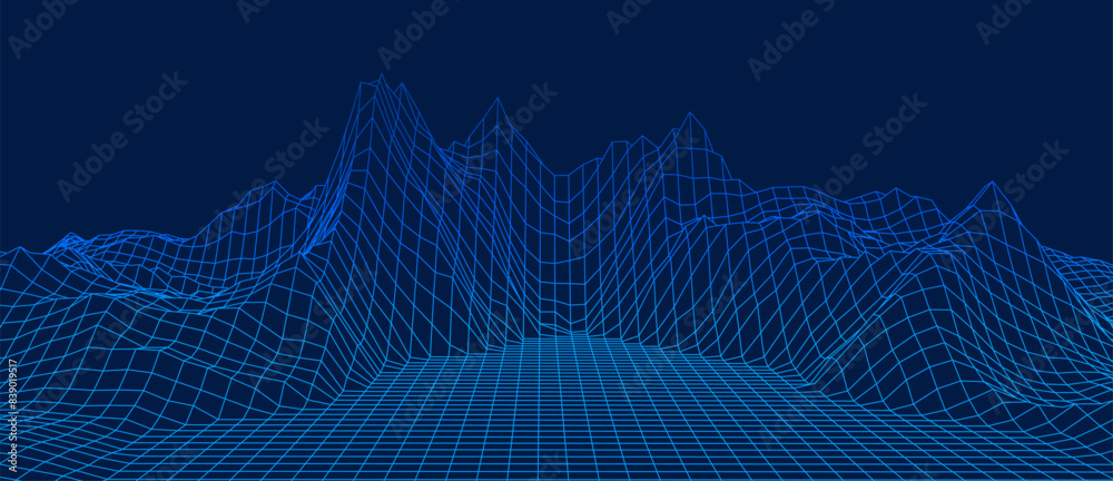 Poster vector landscape of mountains. technology futuristic illustration. vector background of wireframe 3d