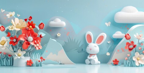 Plasticine art of Easter bunnies, wildflower bouquets, and couples in love. Spring stories greeting cards. 3D modern illustration.
