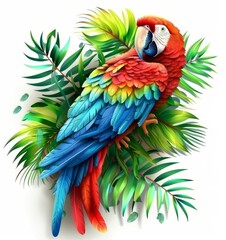 Obraz premium 3d modern objects. Plasticine art illustration of a parrot and tropical leaves during the summer.