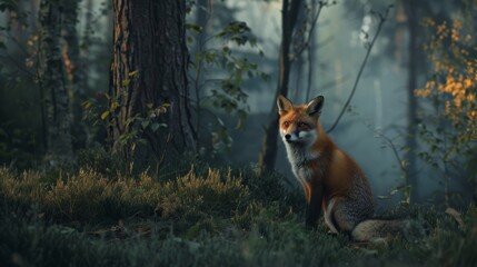 Obraz premium A fox is standing in the woods, looking at the camera. The image has a peaceful and serene mood, as the fox is surrounded by nature and he is enjoying its surroundings
