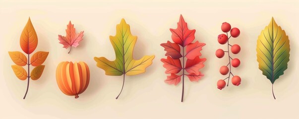 Obraz premium 3d modern plasticine autumn leaf set. Red rowan, orange maple leaf, yellow oak leaf.