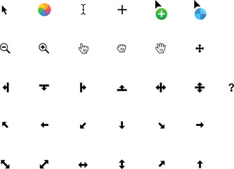 Mac OS mouse cursor pointer anchor click collection set symbol of apple basic system icon. Clicking pointing hand clicks and waiting loading icons  arrows or hands cursors tools, ui text box zoom in