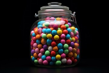 Transparent glass jar overflowing with a multitude of vibrant multicolored candy spheres against a black background
