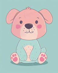 Fototapeta premium Minimalistic Symmetrical Full-Body Puppy Drawing in Light Pink, Baby Blue, Lavender, Mint Green, Using Basic Geometric Shapes for Humorous Illustration with Smiling Face for Stock Illustration and Pho