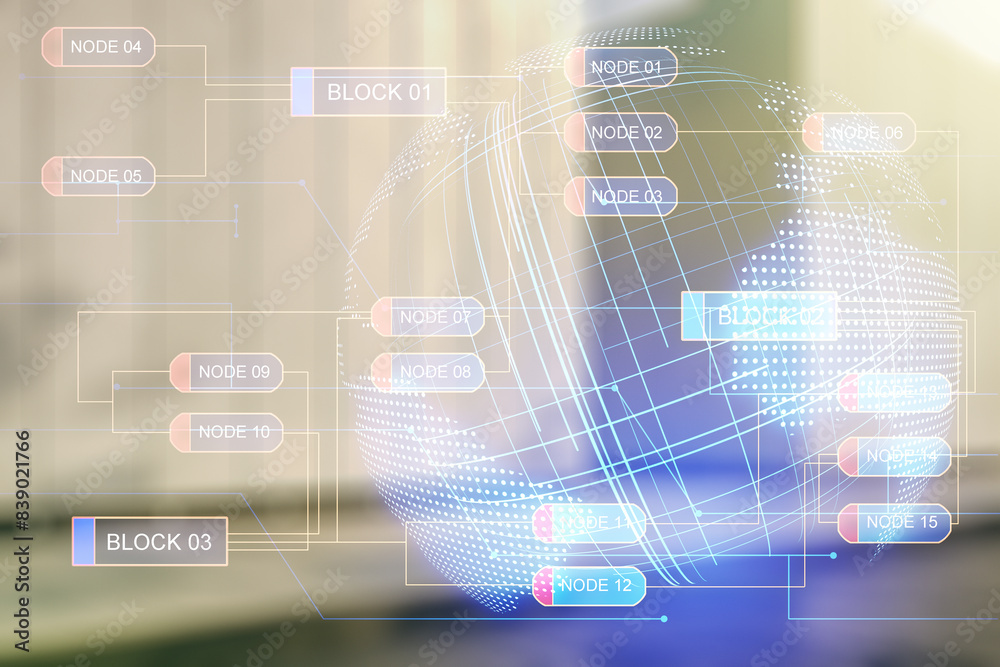 Leinwandbilder double exposure of abstract programming language hologram and world map on modern business center ex