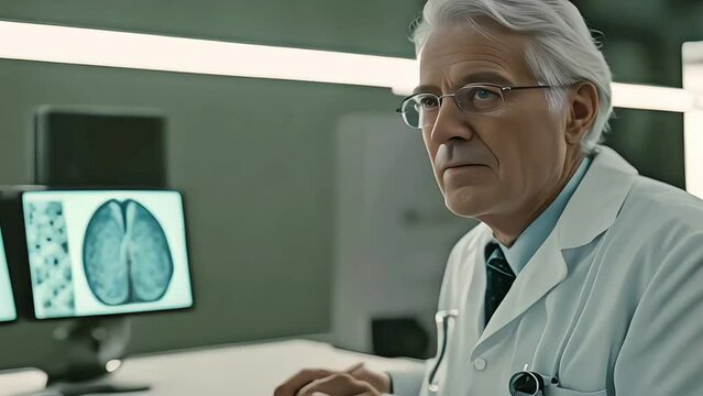 A middleaged male doctor in glasses is looking at an scan of the human brain on his computer screen
