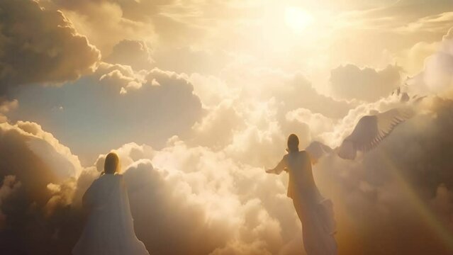 Angels fly in a heaven made of clouds.