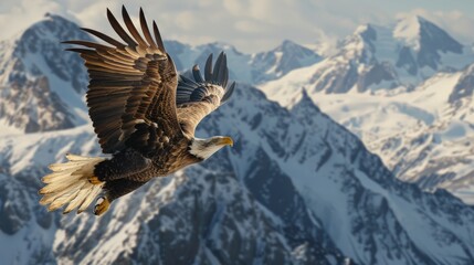 Fototapeta premium A bald eagle is flying over a snowy mountain range. The eagle is soaring high in the sky, with its wings spread wide. The scene is serene and majestic, showcasing the beauty of nature
