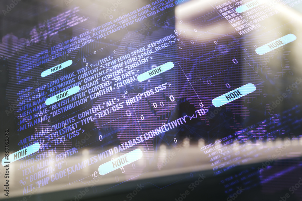 Aufkleber double exposure of abstract programming language hologram and world map on modern business center ex