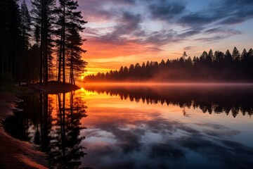 Fototapeta premium Lake landscape outdoors sunrise.