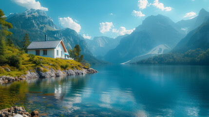 Fototapeta premium white house on the lake in the mountains