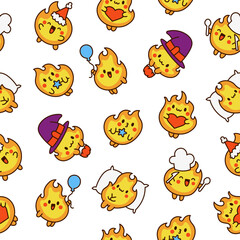 Naklejka premium Cute kawaii fire character. Seamless pattern. Hot cartoon flame energy. Hand drawn style. Vector drawing. Design ornaments.