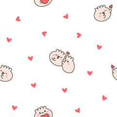 Cute kawaii smiling dim sum. Seamless pattern. Happy cartoon dumpling character. Asian chinese food menu. Hand drawn style. Vector drawing. Design ornaments.