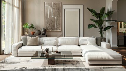 A living room with a white couch and a large abstract painting on the wall. The couch is white and has a glass coffee table in front of it. There are several potted plants in the room