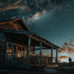 A lone figure stands on the porch of a rustic wooden bar house, gazing out at the star-studded sky above.