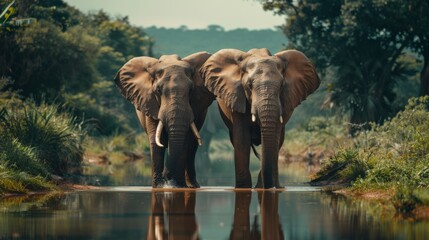 Fototapeta premium Two elephants are standing in a pond, one of which is looking at the camera. The scene is peaceful and serene, with the elephants and the water creating a sense of calmness
