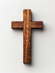 A religious wooden cross showcased against a plain white background, epitomizing simplicity and elegance