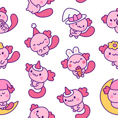 Cute kawaii axolotl. Seamless pattern. Cartoon funny animals characters. Hand drawn style. Vector drawing. Design ornaments.