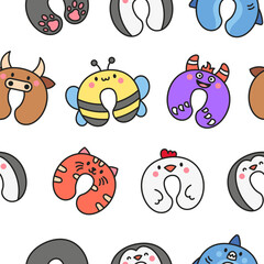 Travel neck pillow with animal face. Seamless pattern. Accessory to healthy sleep. Hand drawn style. Vector drawing. Design ornaments.