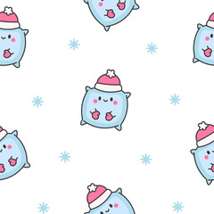 Kawaii pillow with cute face. Seamless pattern. Cartoon happy character. Hand drawn style. Vector drawing. Design ornaments.