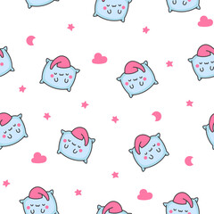 Kawaii pillow with cute face. Seamless pattern. Cartoon happy character. Hand drawn style. Vector drawing. Design ornaments.