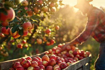Farmer harvesting fresh organic red apples in the garden on a sunny day. Freshly picked fruits.
